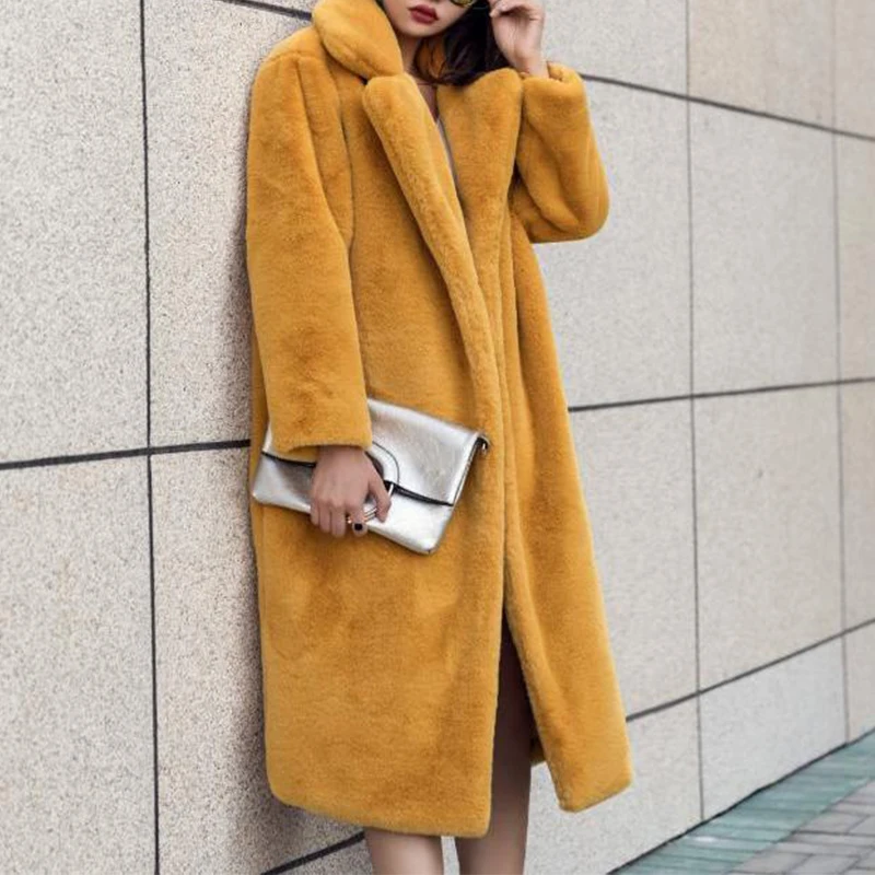 casacos de inverno femininos Elegant Yellow Long Faux Fur Coat Women Fashion Plush Fur Coat Loose Thick Warm Winter Fur Overcoat