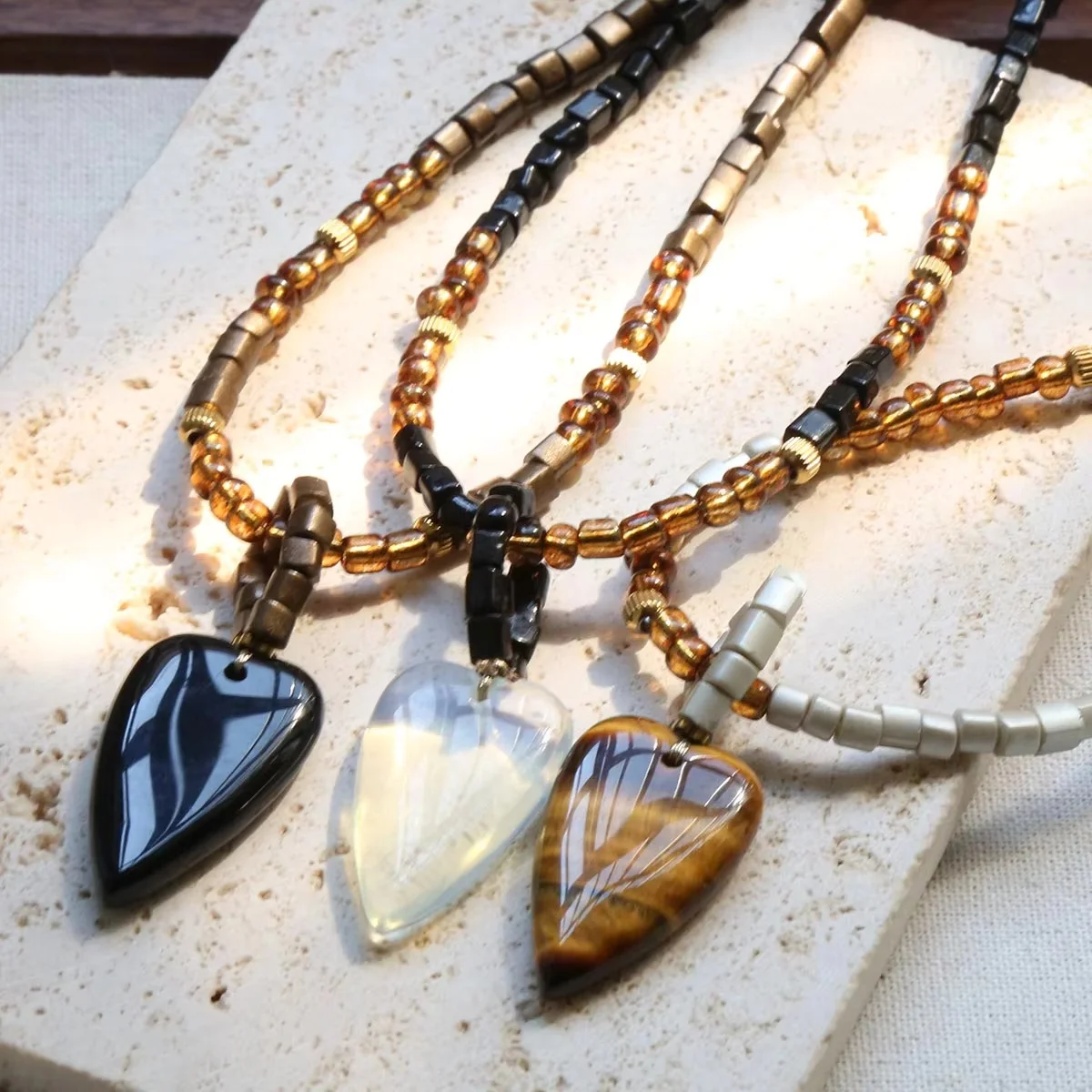 Bohemia Gems Stone Heart Pendant Necklace Women Glass Beaded Sweater Necklace Boho Jewelry Femme Wholesale view 5