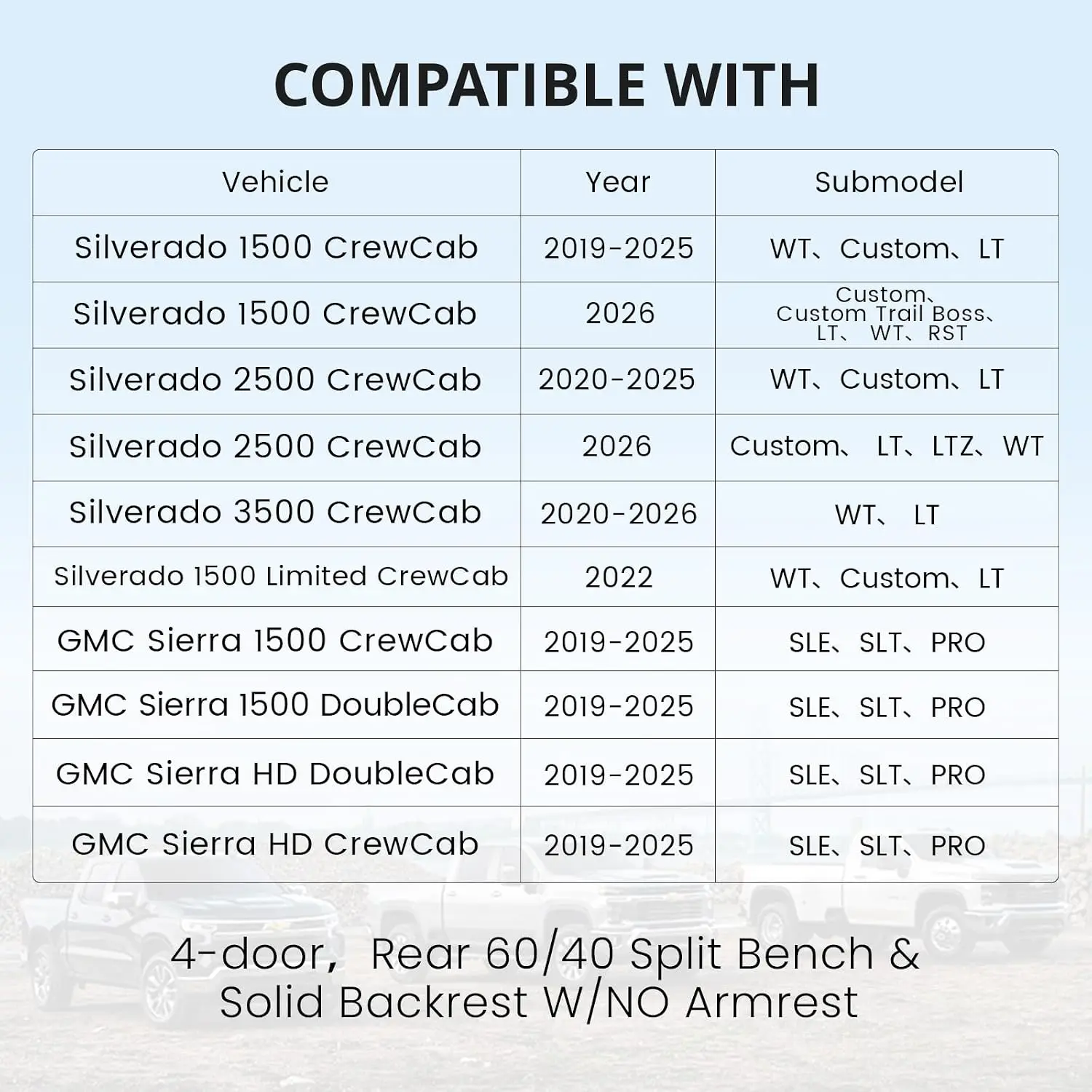Coverdream Custom Car Seat Covers Fit for Chevy Silverado & GMC Sierra CrewCab 1500(2019-2026) and 2500HD/3500HD(2020-2026)Rear Row W/No Armrest Truck Leather Seat Cover