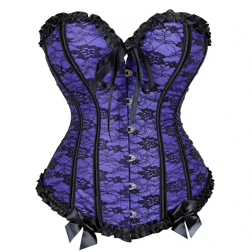 

Gothic Victorian Vintage Jacquard Corset Ruffled Trim Women Sexy Lace Up Overbust Bustier Tops Slimming Body Shaperwear