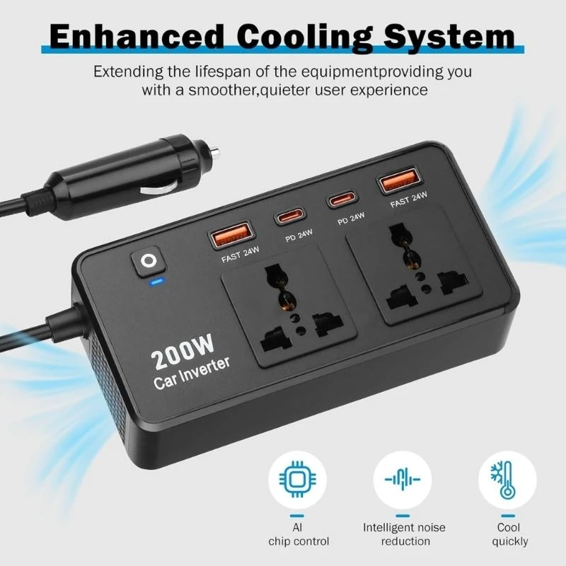 

High Efficiency 200W Car Power Inverter DC12V to AC220V Converter with Fast Charging USB C and USB A for Laptops Phones X37F