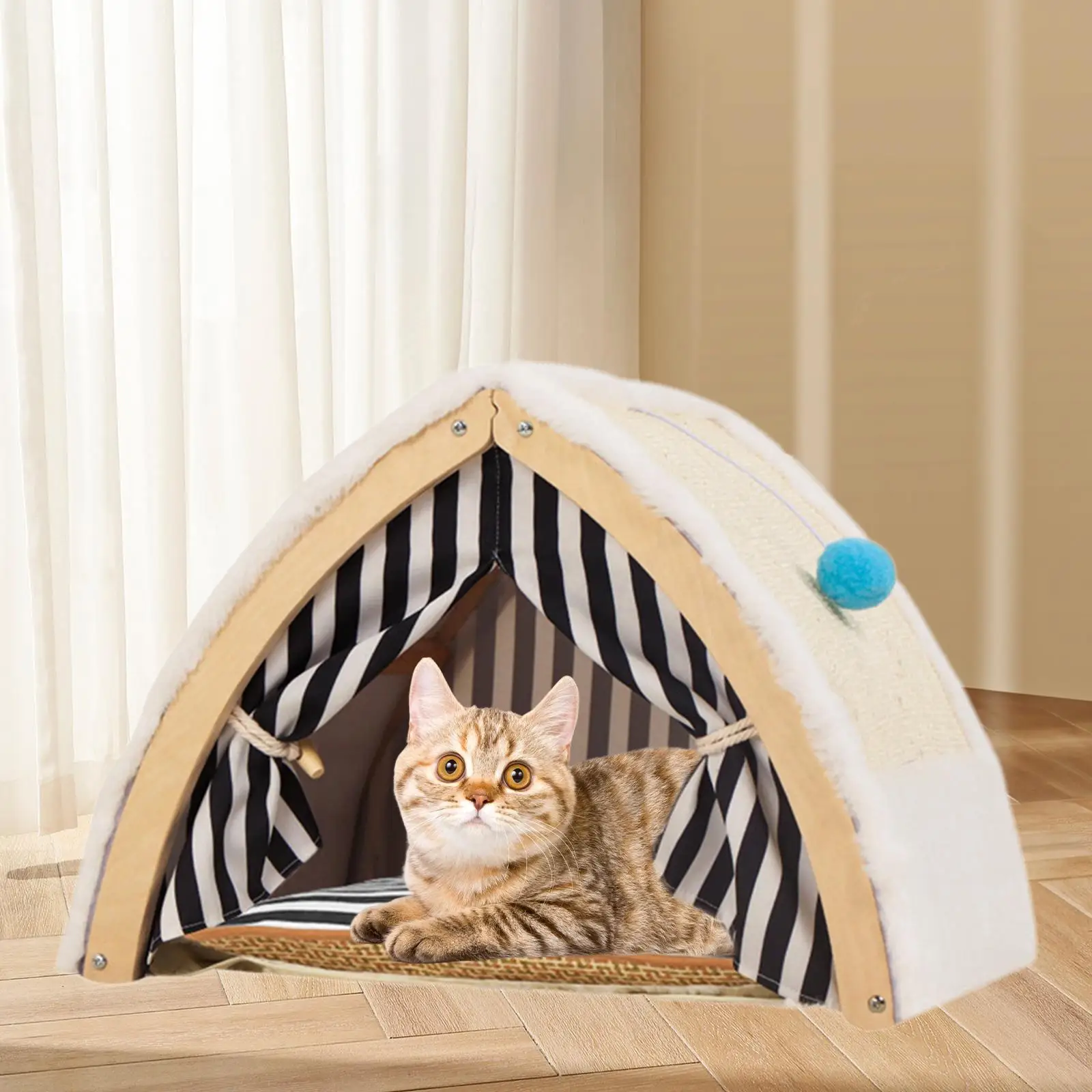 Cat Tent House Sleeping Bed Portable Double Sided Mat Hanging Ball Cat Condo Cat Scratcher Nest for Puppy Indoor Outdoor Kitten