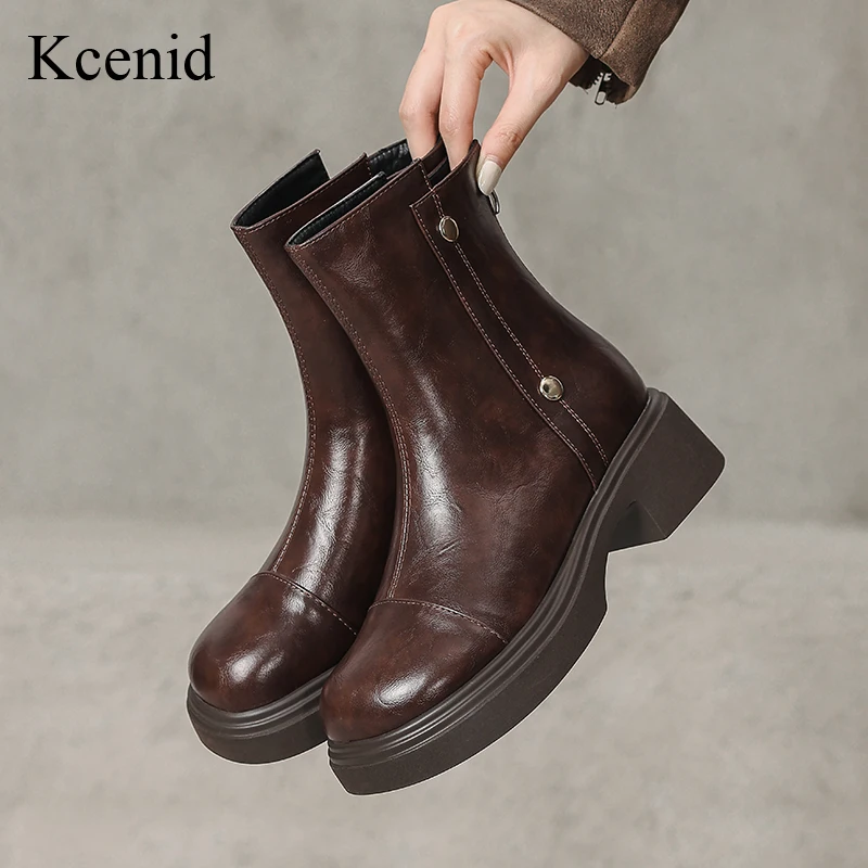 

Kcenid 2026 Women's Ankle Boots Round Toe Platform Thick High Heels Zipper Short Retro Boots Autumn Winter Shoes Plus Size 42 43