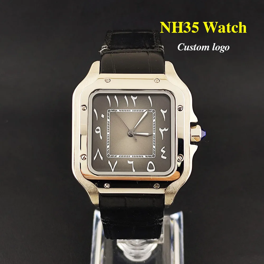 

Новые квадратные часы NH35 для мужчин с арабскими цифрами на циферблате, складной застежкой и кожаным ремешком, аксессуары для часов с механизмом NH35.