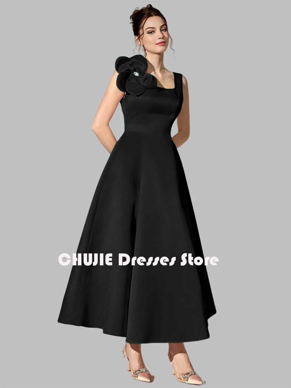 블랙 새틴 발목 기장 포켓 플라워 볼 가운 맞춤 웨딩 이브닝 드레스 여성용 신부 어머니 드레스