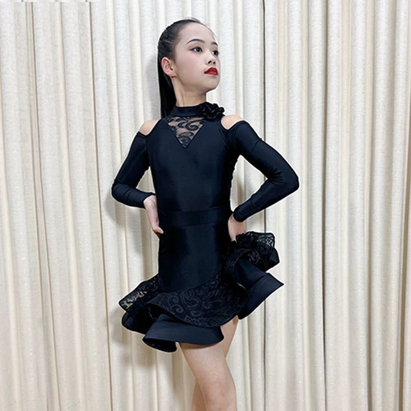 레이스 라틴 댄스 슈트 소녀 블랙 퍼포먼스 의상 긴팔 바디수트 러플 스커트 키즈 라틴 무대 의상 연습복 4281