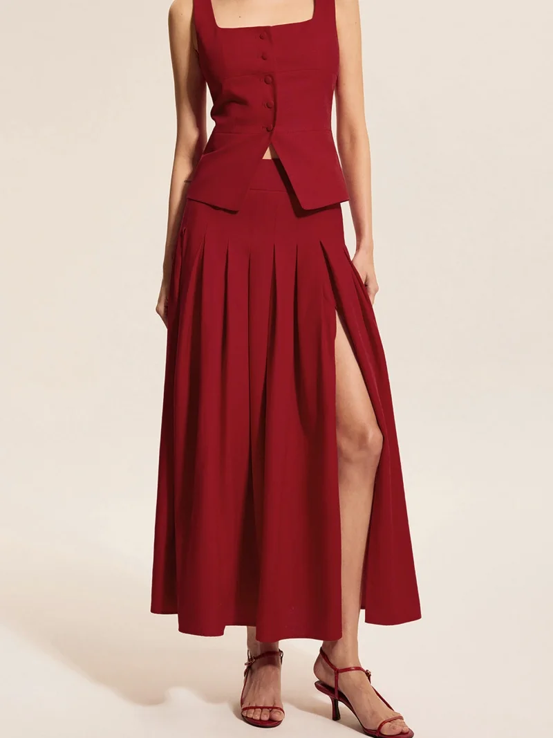 

Элегантный комплект из 2 предметов, женская одежда, летняя одежда, женский укороченный топ без рукавов, плиссированная юбка с разрезом, комплект из двух предметов в стиле OL