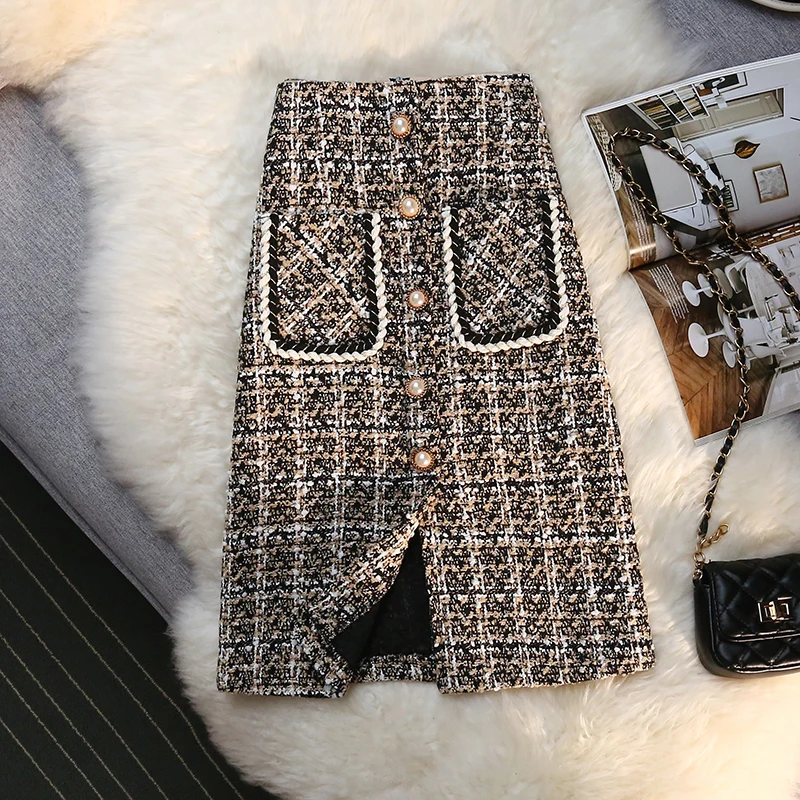 نمط Ayu الخريف الشتاء اللؤلؤ تويد الصوف تنورة المرأة طويلة عالية الخصر زر خمر تحقق H-خط تنورة Sk0582