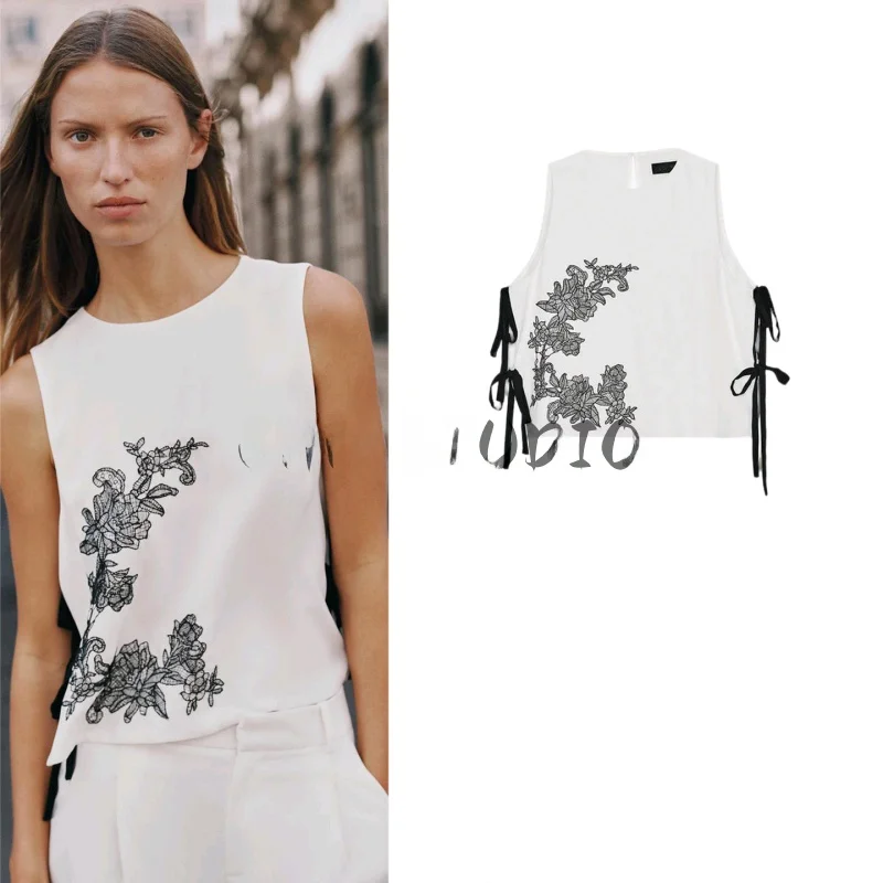 

Новая женская укороченная майка-топ из полиэстера с круглым вырезом, вышивкой и завязками на талии, с цветочным узором