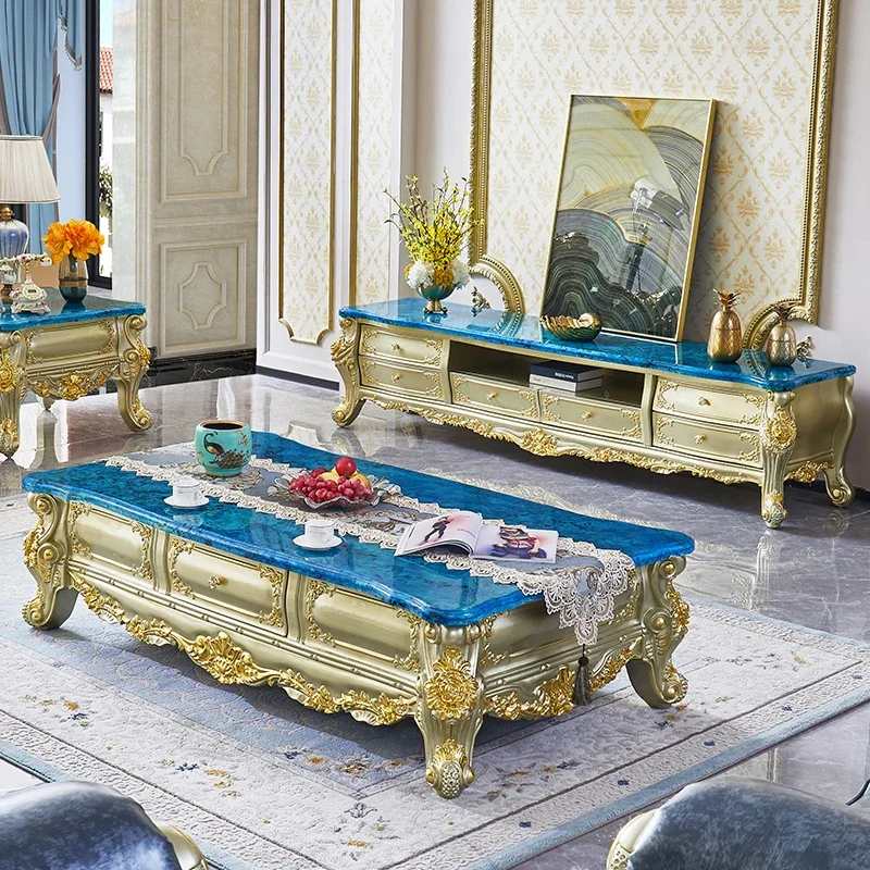 

European marble TV cabinet, coffee table combination set, luxury living room, full solid wood carved floor cabinet