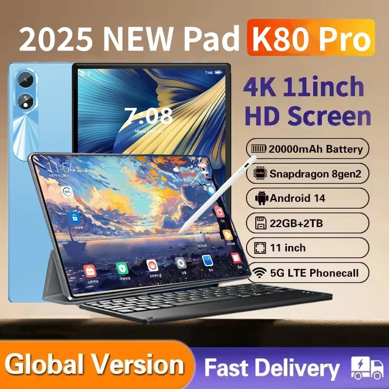 2025 NEW Pad K80 Pro Tablet 11 Inch 22GB+2TB Tablet Android 15 Snapdragon8Gen3 20000mAh 5G Dual SIM Card WIFI HD 4K Tablette PC