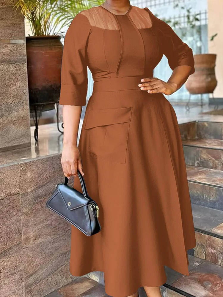 Elegante dame woon-werkverkeer grote zoom jurken temperament gesmoorde taille effen kleur a-lijn jurk zomer geplooide avondjurk met halve mouwen