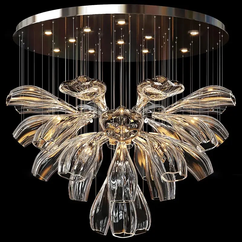 Modern Petal Glass Large Ceiling Chandelier For Living Room Restaurant Exhibition Hall Lobby Interior Decoration Lustre Fixtures