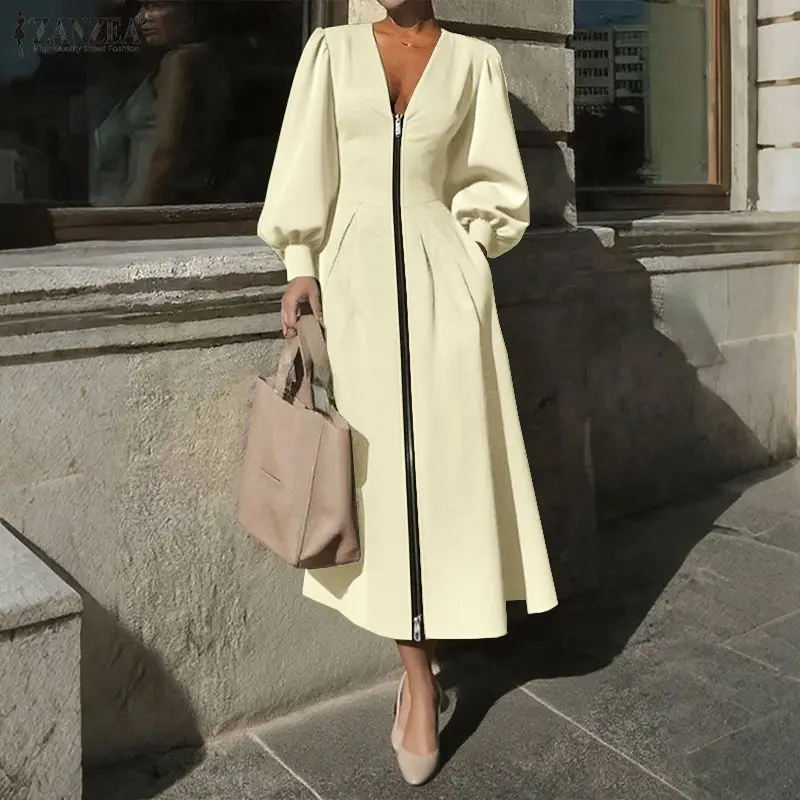 2026 ZANZEA Elegantes Damen-Partykleid Sexy V-Ausschnitt Midi-Kleid Frühling Lange Puffärmel Lässiges Einfarbiges Reißverschluss-Kleid Streetwear