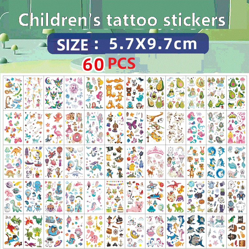 60PCS New Temporary Tattoo Sticker for Children Kids Waterproof Tattoos Festival Glitters Face Girls Boy Child Mini Fake Tattoo