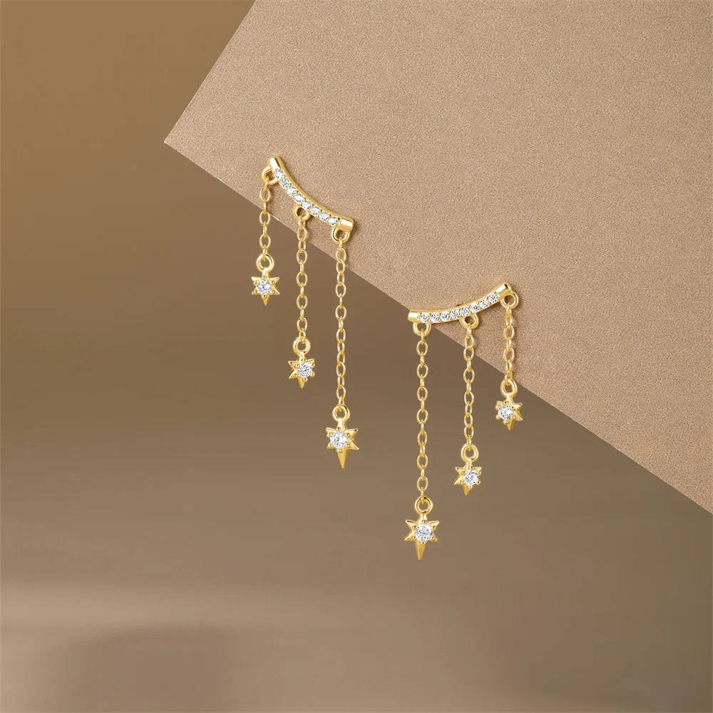 AIDE Exquisite Star Zircon Tassel Chain Dangle Earring for Women 1Pair 925 Sterling Silver Pierced Ear Stud Earring Jewelry Gift