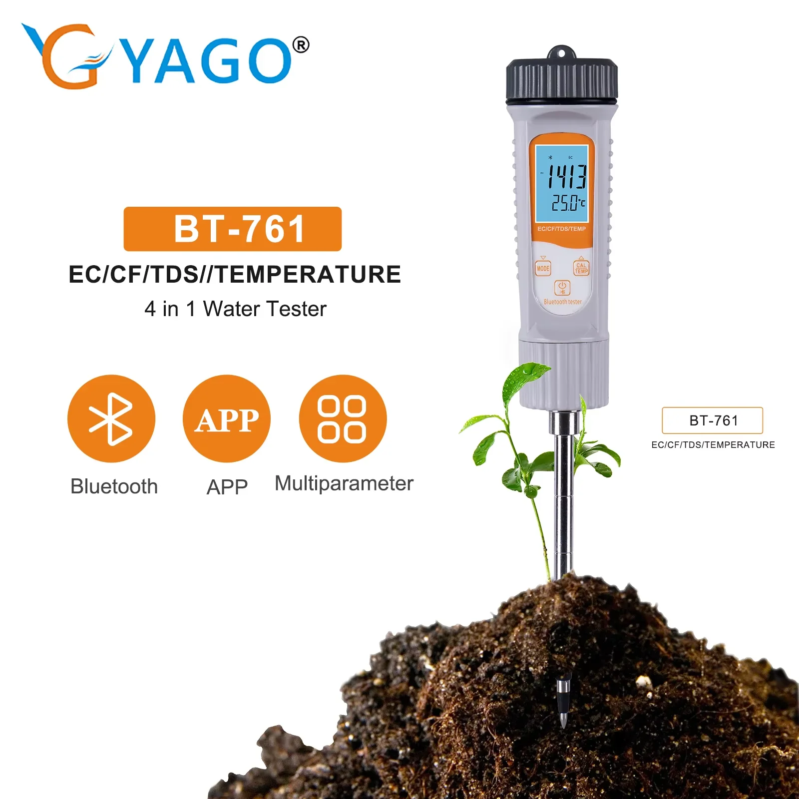 Smart Bluetooth Soil Meter APP Control Water Quality Tester EC/TDS/CF/Temp Tester Soil Thermometer for Flower Plants Garden