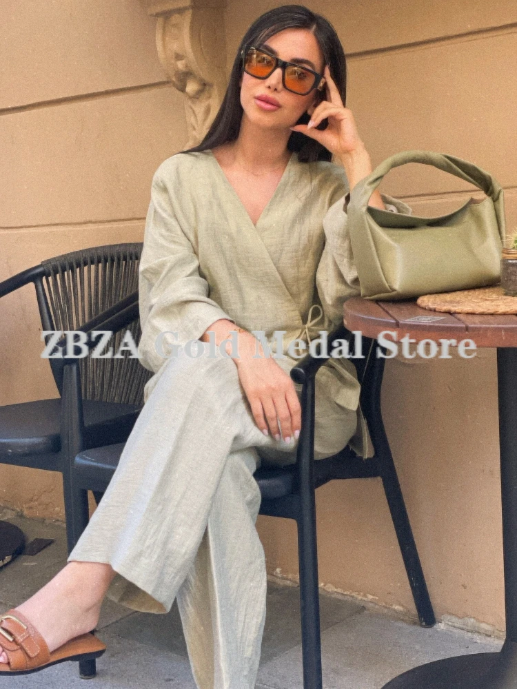 Women\'s New Chinese Style Fresh Green Lace-up Linen Blend Shirt Thin V-neck Long Sleeves Loose Flowy Blouse Female Fashion Top