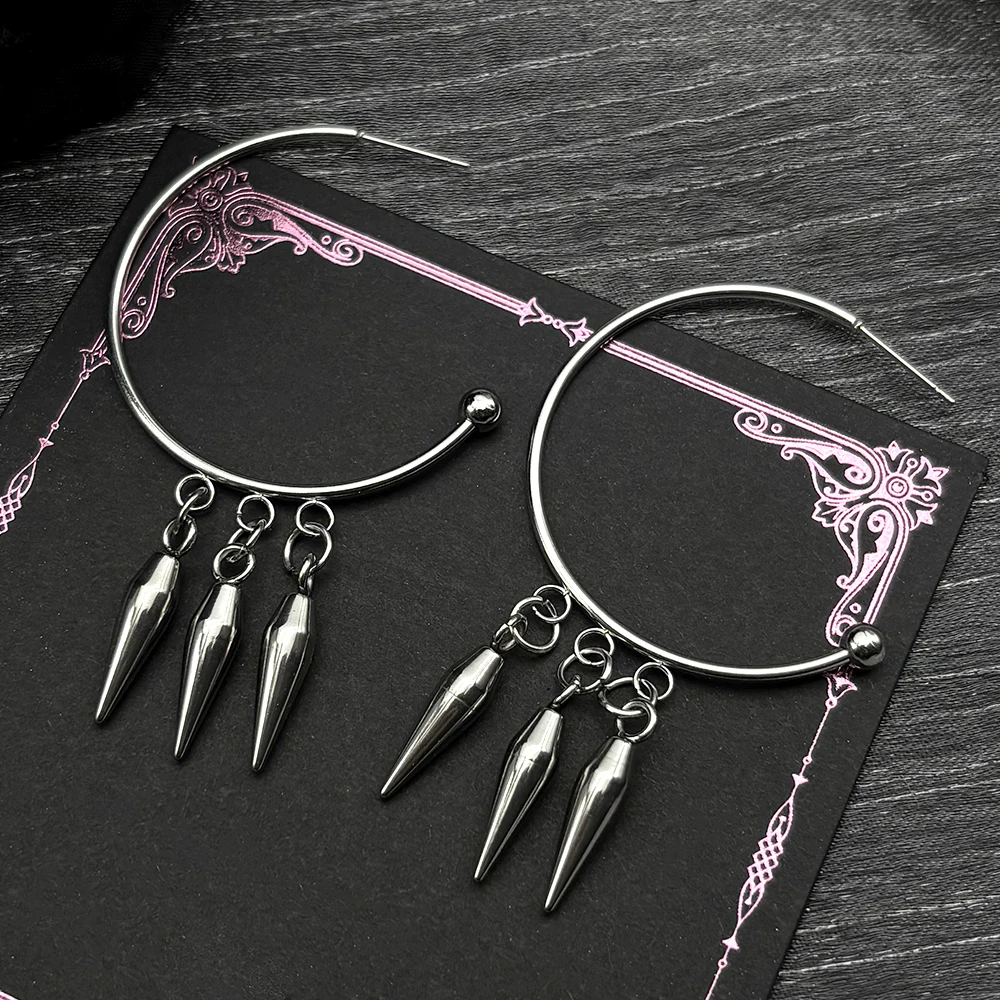 Punk Gothic Hoop Triple Rivet Drop Earrings For Women Men Emo Grunge Stainless Steel Silver Color Spike Huggie Ear Ring Jewelry