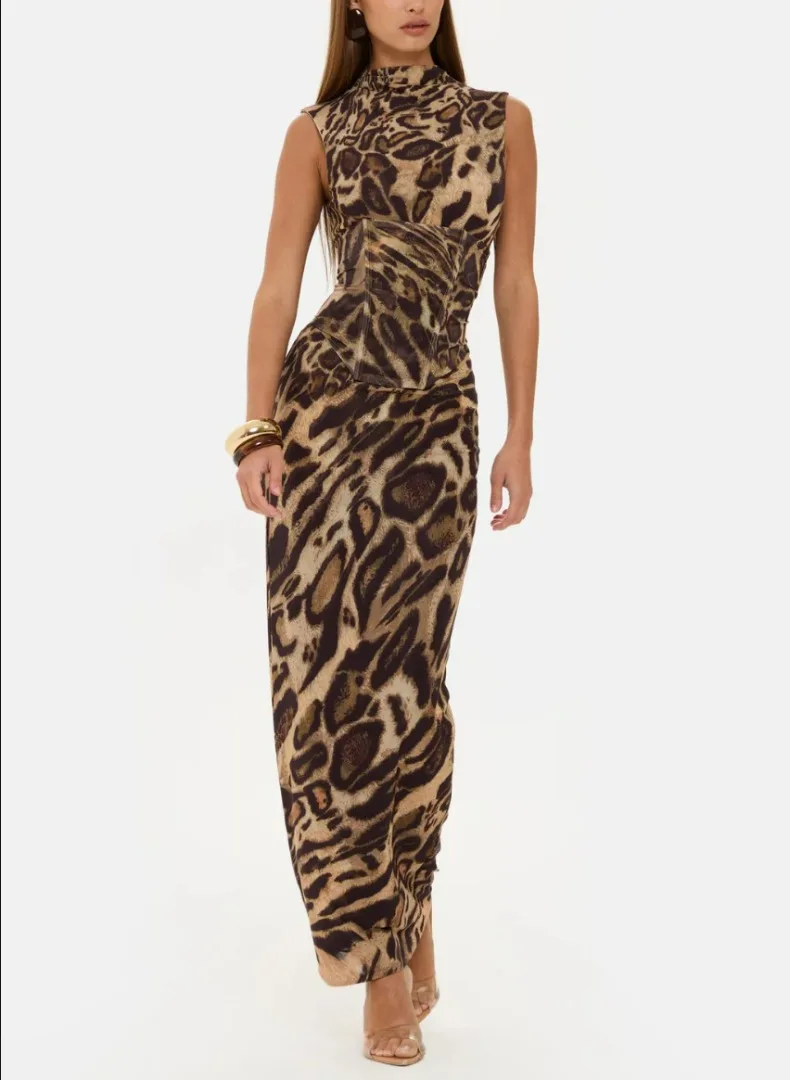 Leopardenmuster Tailliertes Slim-Fit-Kleid für Damen Zweiteiliges Set für Urlaub, Abendessen, Geburtstagsfeier Elegantes Damenkleid – Detail 11