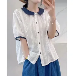 White Button Solid All-match Youth Blouse Summer New Short Sleeve Contrast Loose Fashion Shirt Tops Sweet Korean Women Clothing