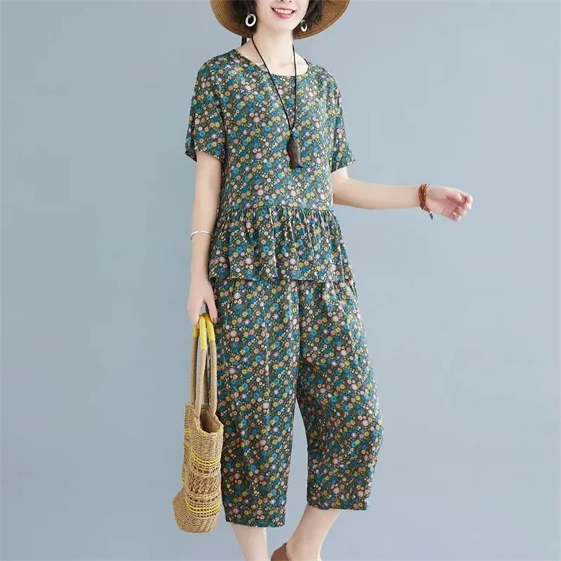 5XL Middle aged Female Pants Suit Cotton Two Piece Set Women Summer Printing Casual Set Top+Pants Two Piece Set Mom Style