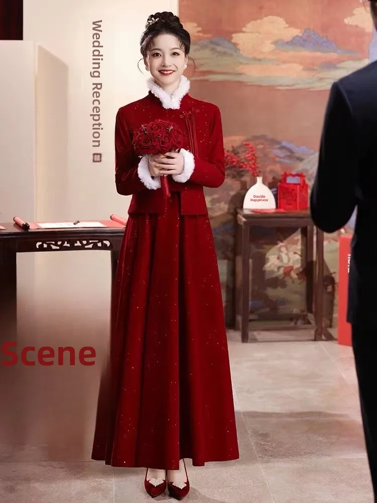 

Новый китайский свадебный комплект: платье миди с высокой талией, на молнии, с длинными рукавами, для подружек невесты и свадебных торжеств