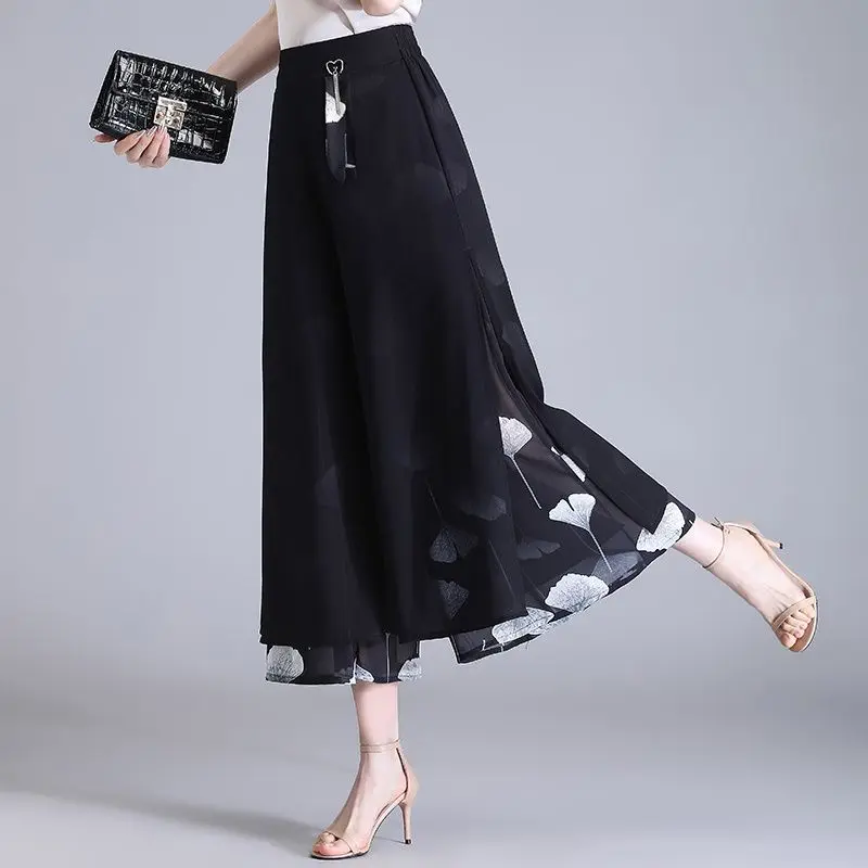 

Chinese Loose Wide-leg Women Chiffon Culottes Summer Thin New National Style Nine-point Trousers High-waisted Culottes