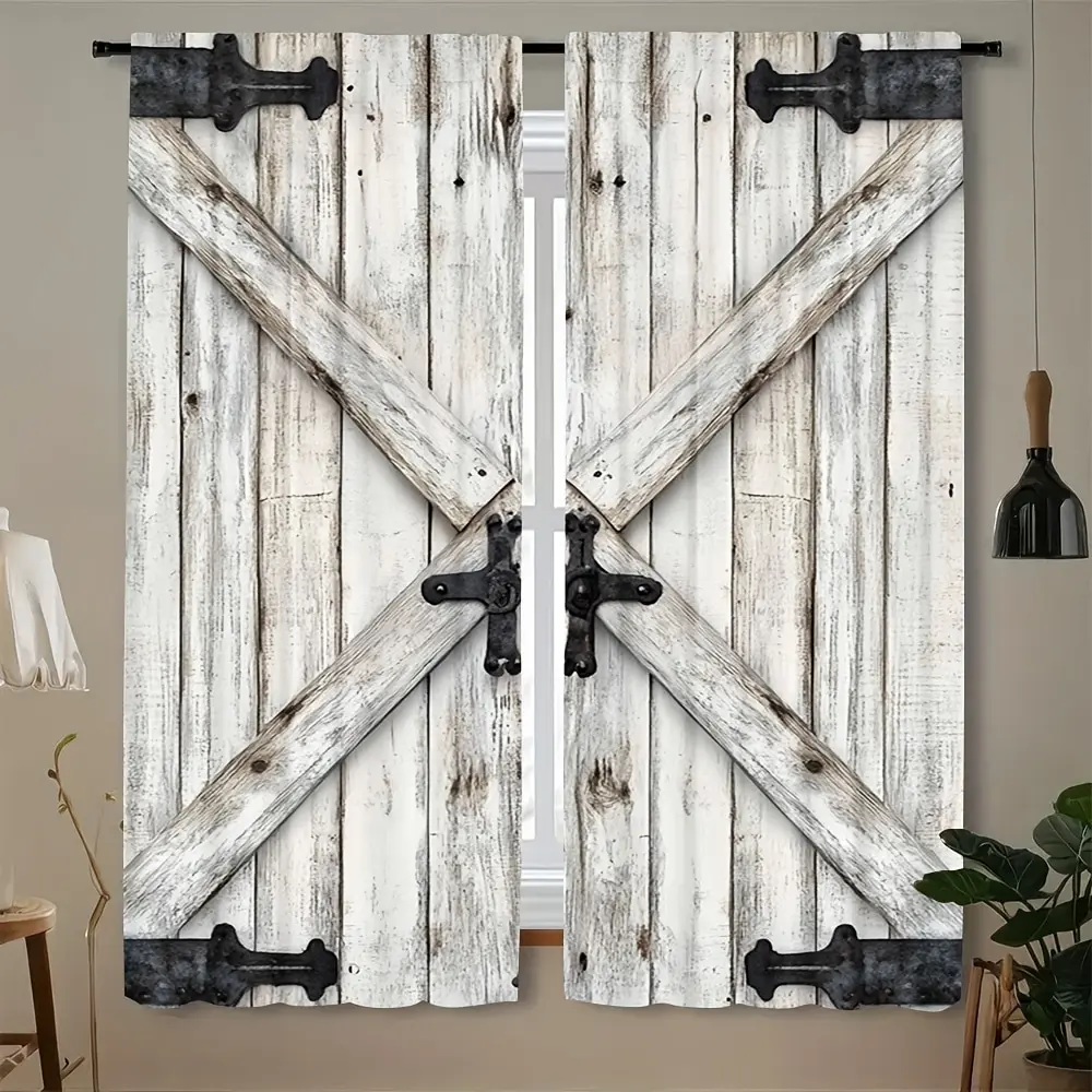 قطعتان من ستائر مطبوعة بإطار باب خشبي عتيق، ستائر كيس عمود 42*84، ديكور منزلي، ديكور الغرفة #6