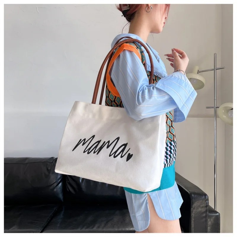 Fashion Women Canvas Handbag Custom Name Shopper Bag Student Tote Bag Versatile Shoulder Bag Embroidery Gift