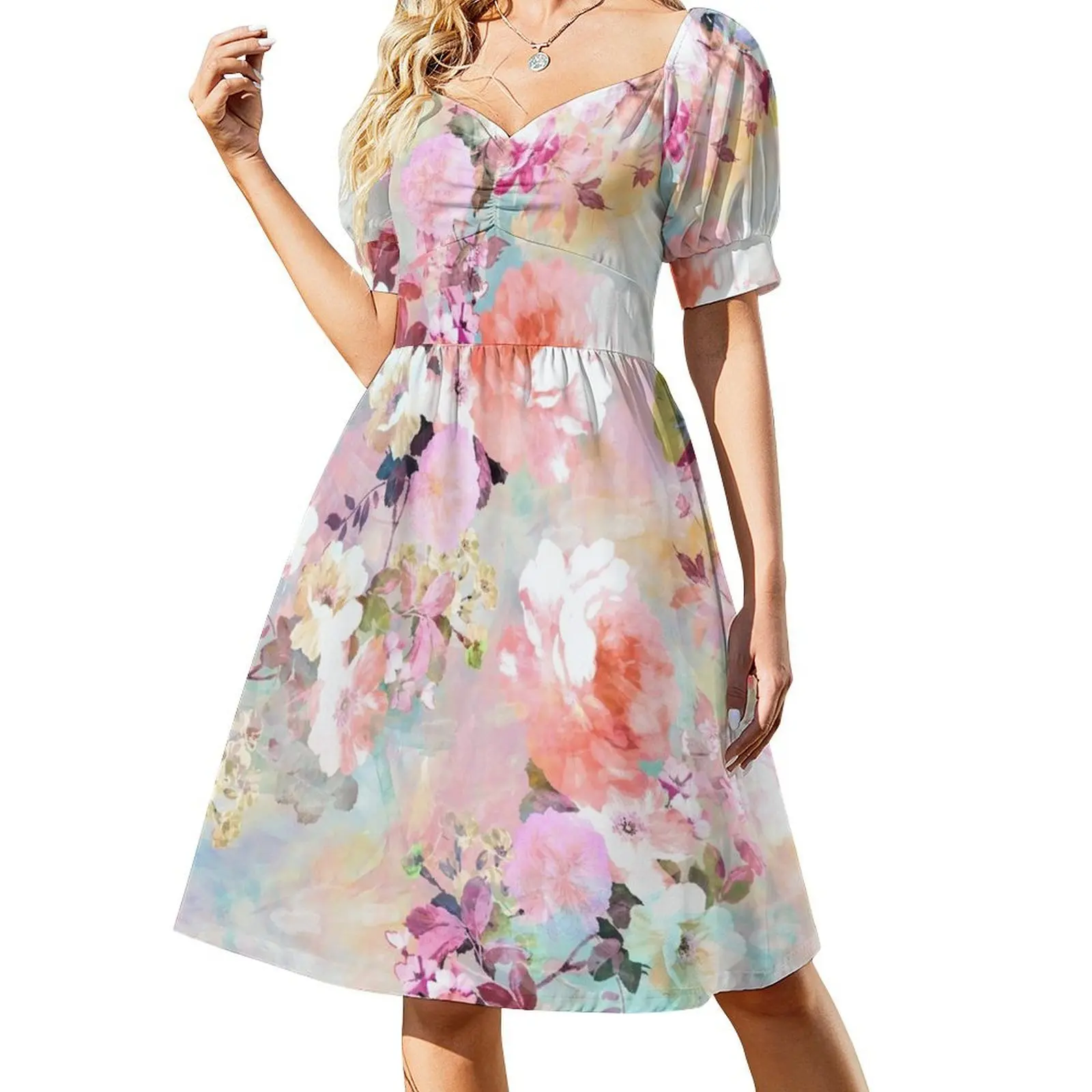 

Romantic Pink Teal Watercolor Chic Floral Pattern Short Sleeved Dress Casual dresses womans clothing Dress