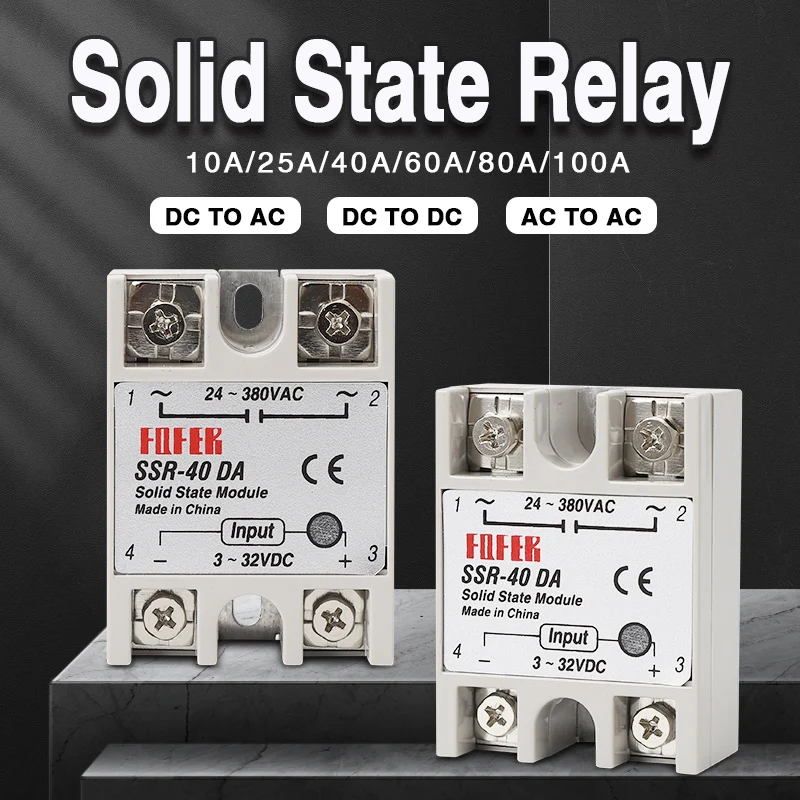 10A SSR 25A Przekaźnik półprzewodnikowy 40A Wyjście 3-32VDC 24-480VAC 220V Jednofazowy DC TO AC 40A Przekaźnik SSR Radiator SSR 40DA