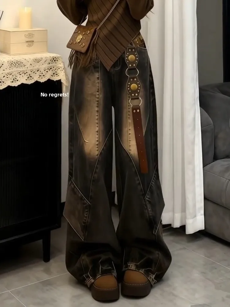 

Женские джинсы с высокой талией в ретро-американском стиле, с эффектом потертости, длиной в пол, нейтральный дизайн