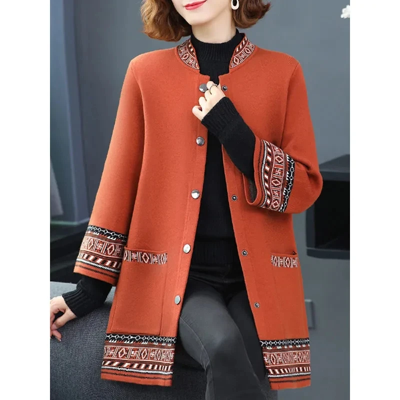 NEW Autumn Middle Aged Women Knitted Cardigan Sweater 4XL Large Size Fashion Mother Elegant Mid-Long Windbreaker Coat Cardigans