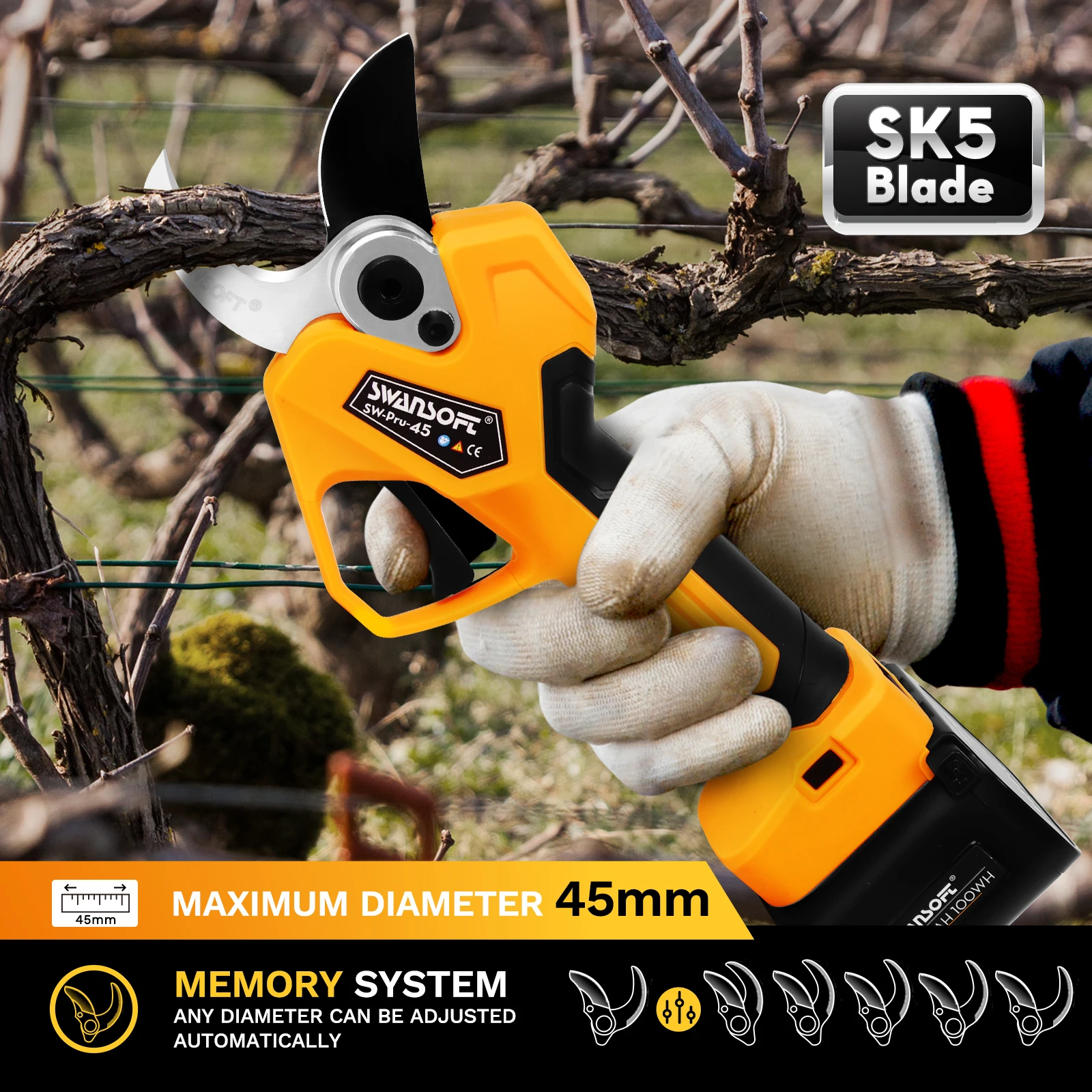 

SWANSOFT 45mm Cordless Battery Pruner Direct Factory Supplied Professional Electric Pruning Shear Scissors with CE