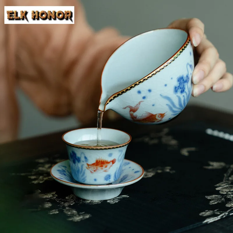 200 مللي أزور رو فرن رسمت باليد إبريق شاي السمك صب الشاي تشا هاي موزع العدالة كوب الشاي الأبيض معرض القدح Teaset لوازم