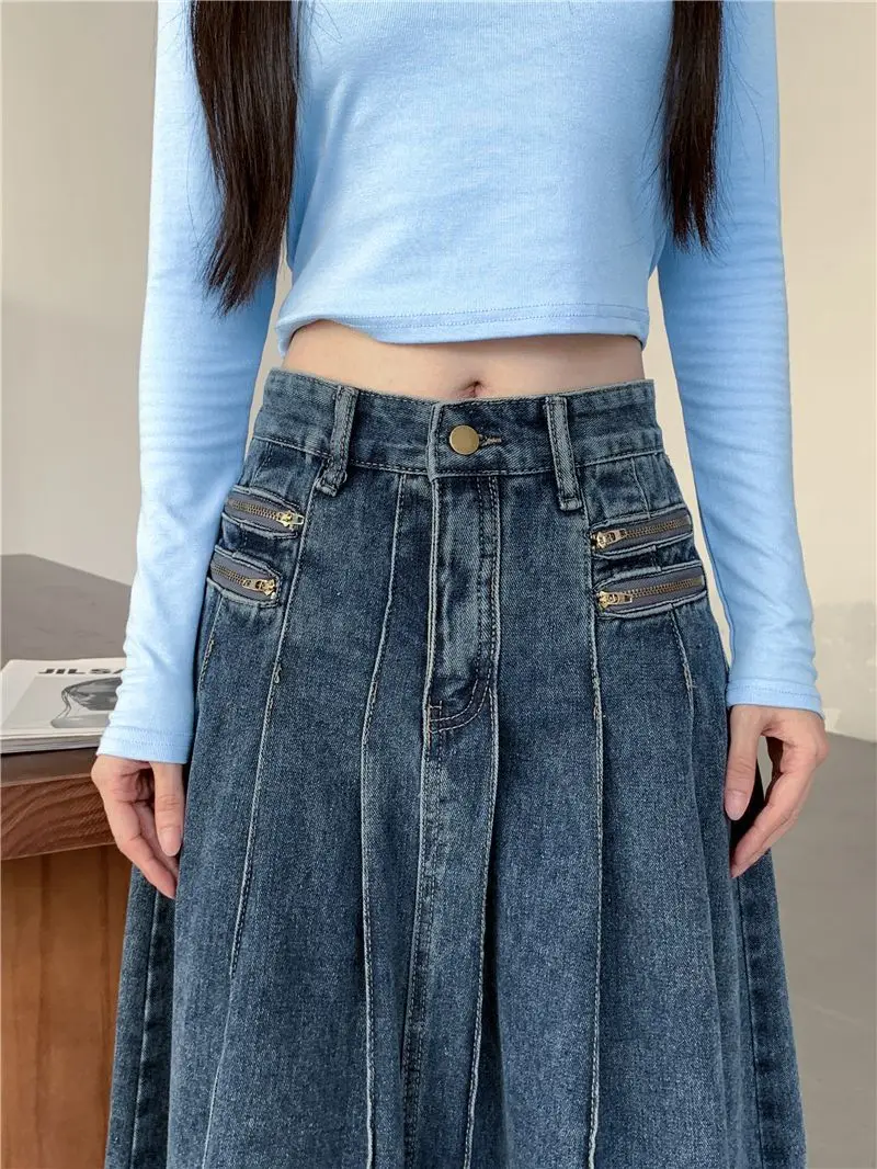 2xl 5xl Retro Pleated Denim Skirt for Women in Summer New Design Zipper High Waist Slim Strap A-line Skirt