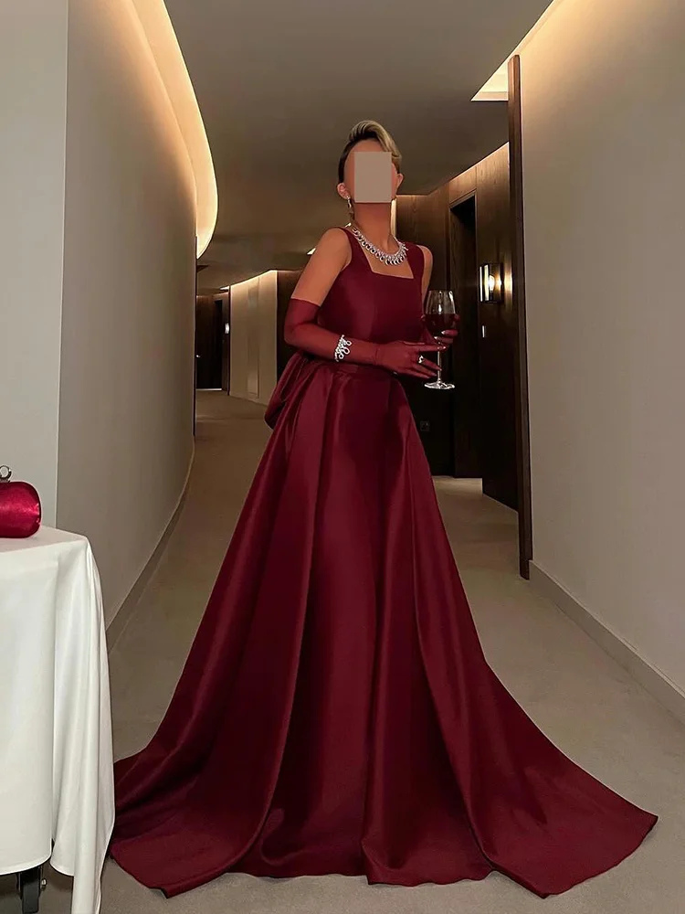 Adeli Sexy Burgundy A-Line Prom Dress Women's Saudi Square Neck Bow Party Evening Gown Floor Length Special Occasion Dresses image 4