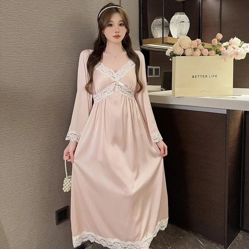 

Ice Silk Sexy Sleepwear Nightgown Lace Long Sleeve Silk Nightdress Nightdress V-neck with Bra Pads Loungewear Nighty for Ladies