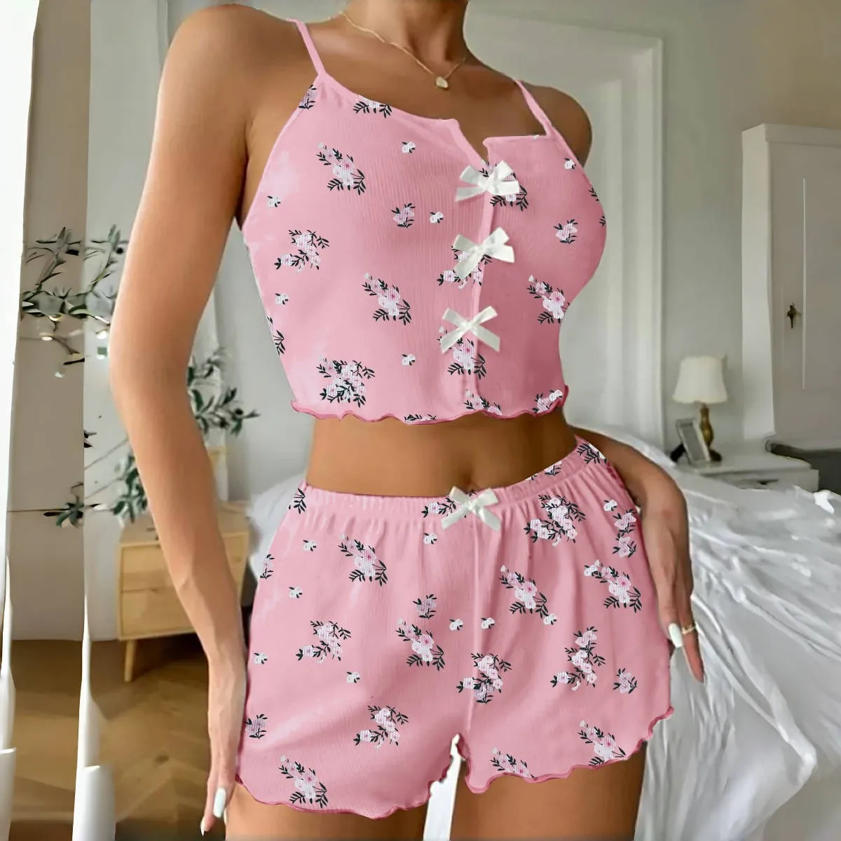 Floral Print Butterfly Bow Sleepwear Set–Women's Lightweight Homewear with Adjustable Straps,Breathable Cotton Blend for Bedroom