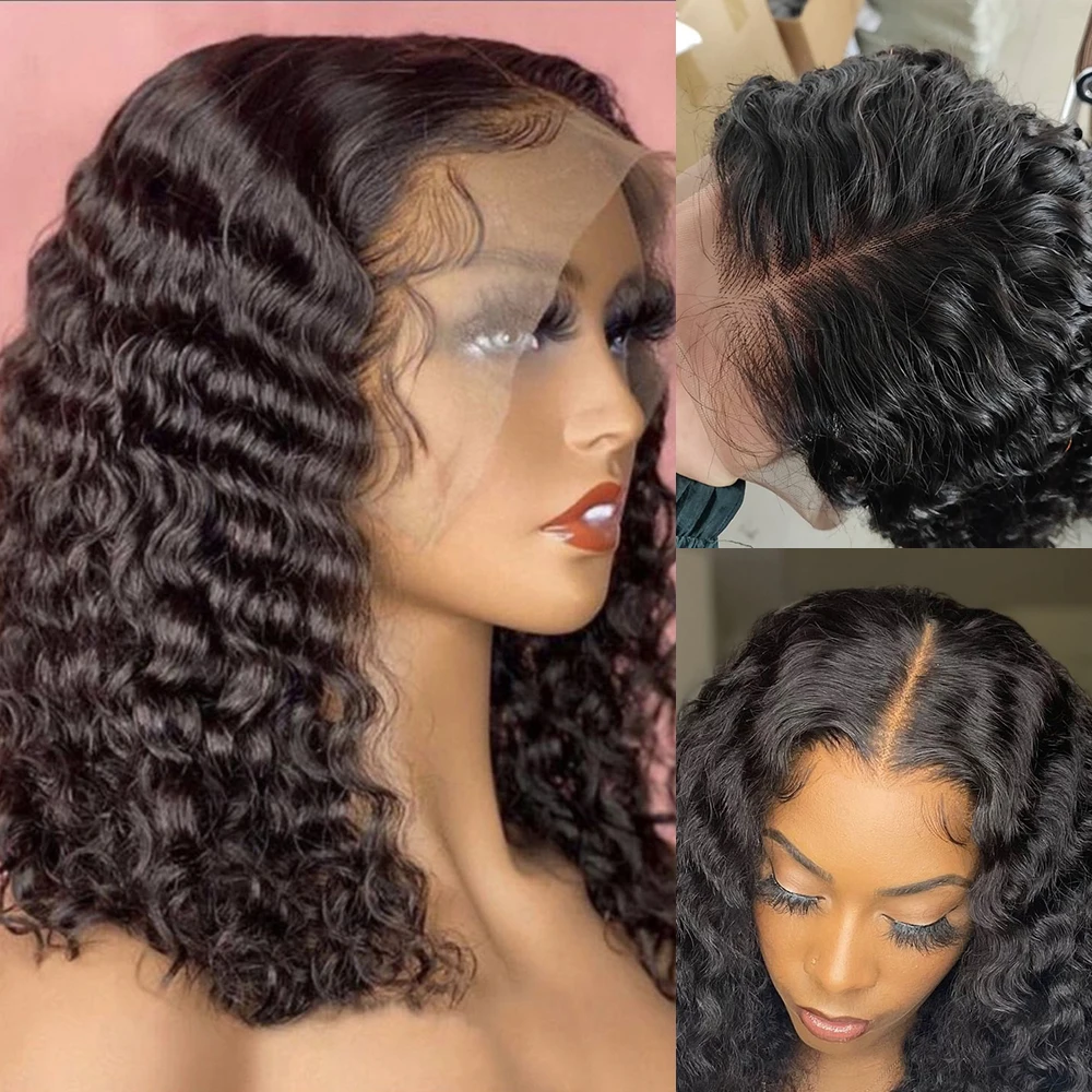 Brasileiro Curly Lace Frontal Peruca, Curto Bob Peruca, 100% Cabelo Humano, Onda de Água Profunda, 4x4 Lace Encerramento, 13x6