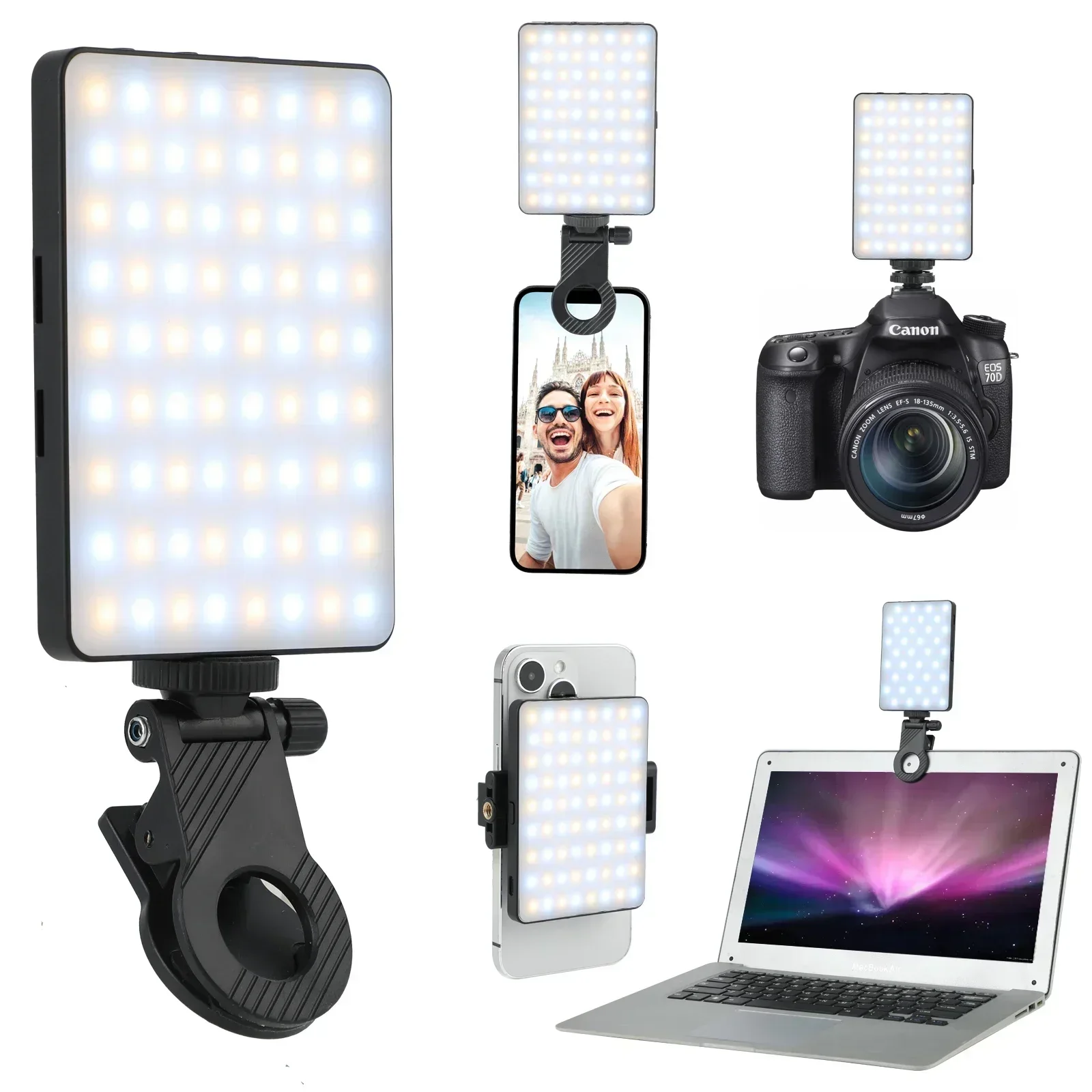 NEW 72 LED Rechargeable Video Light Fill-in Light Selfie Light with Front & Back Phone Clip, for Phone IPhone IPad Laptop Camera