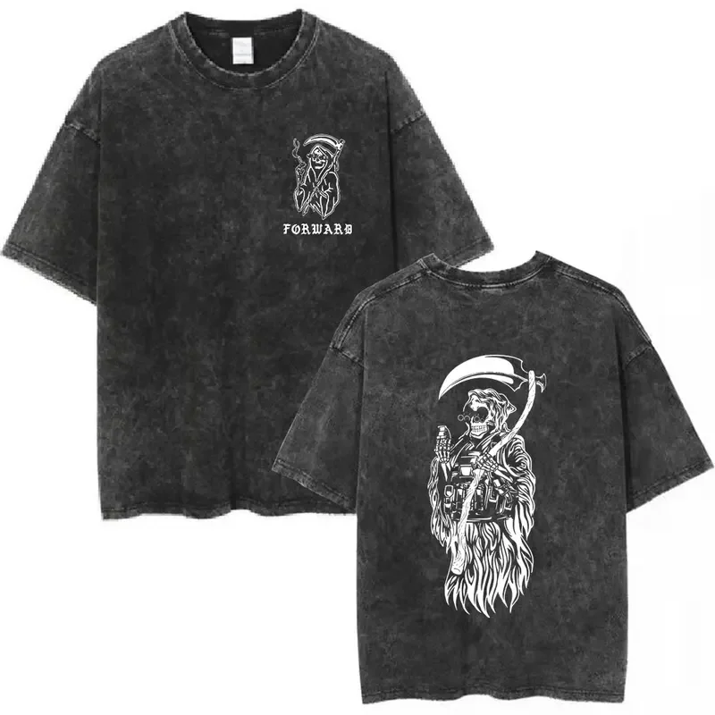 Forward Observations Group Death Skeleton Vintage Washed T-shirt Men Women Fashion Hip Hop T-Shirts Gothic Retro Casual T Shirts