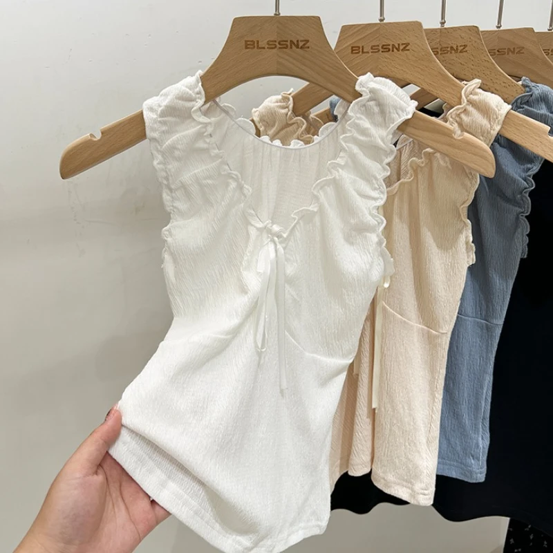 새로운 한국 스타일 솔리드 플리츠 엣지 탱크탑 여성 여름 민소매 섹시 보우 V넥 슬림 탑 여성 심플 스윗 큐트 베스트 Y2K