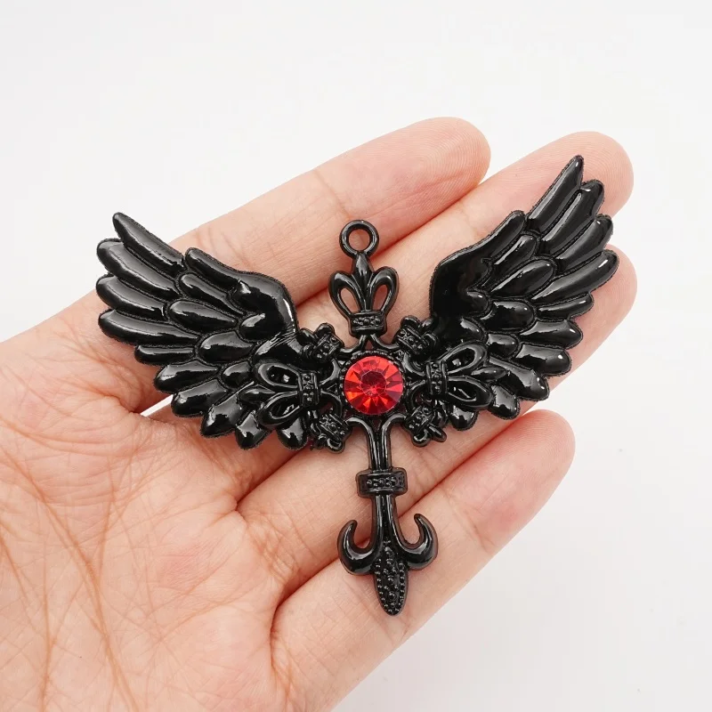 1Pc Gothic Black Angel Wing Anchor with Red Water Diamond Dark Wing Cross Pendant Jewelry Making DIY Accessories