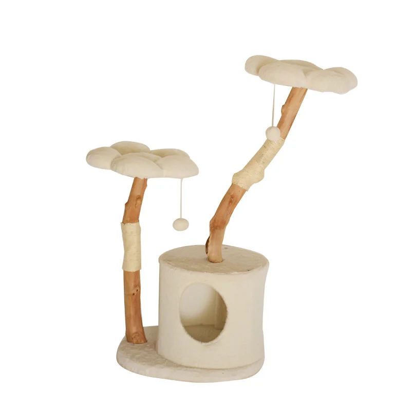 Cute Wood Cats Trees Cute Flower Shape Cat Scratching Tree Cat Climbing Frame Natural Branch Cat Condo Pet Supplies