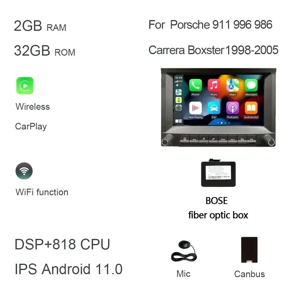 CarPlay 7 "2 din Android 14.0 Auto dvd-speler 8 Core 4GB DSP multimedia GPS autoradio Voor Porsche 911 996 986 Cayman Boxster