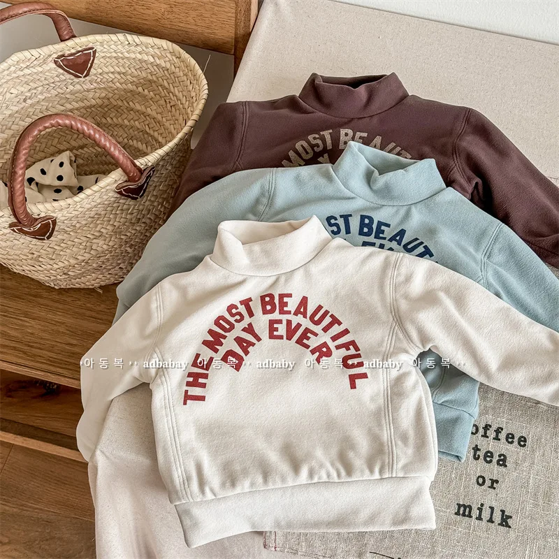 2025 New Winter Children Thicken Pullovers Tops Velvet Lining Letter Printed Turtleneck Toddlers Kids Warm T-shirts