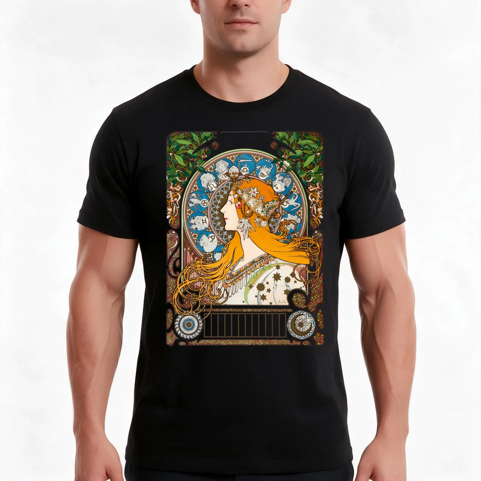 Frank McCarthy - Alphonse Mucha - Zodiaque Var.2 1896 T-Shirt Summer Casual Cotton Tee Oversized Streetwear Tops 100% Cotton