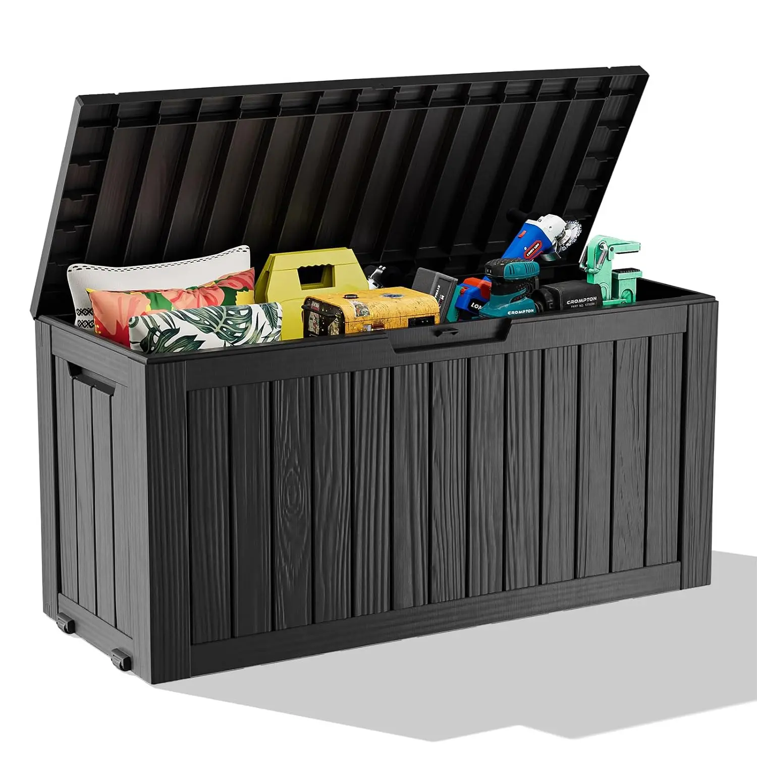 Deck Box Storage Bench with Wheels Outdoor, 140 Gallon, Black